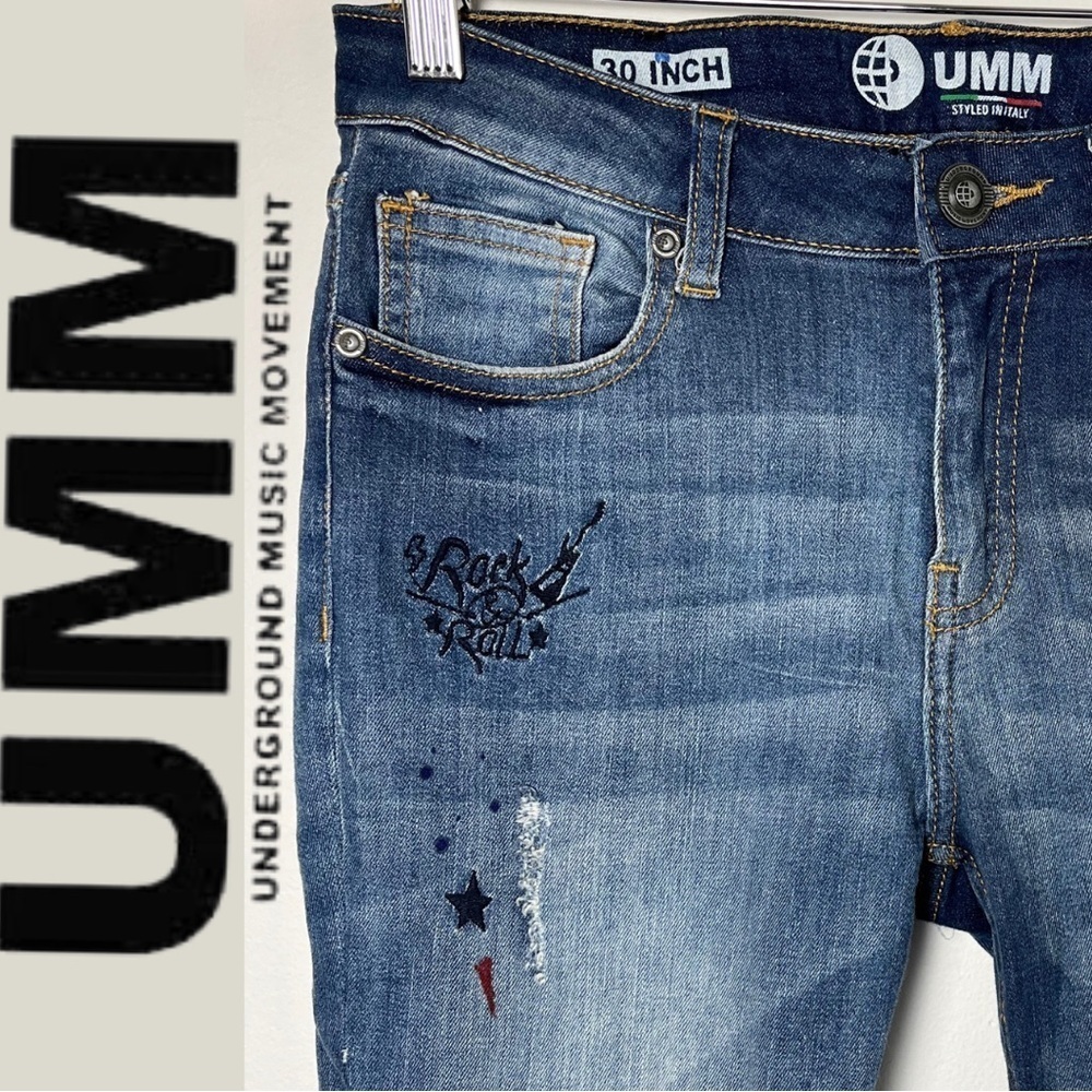 UMM Underground Music Movement | RARE | Skinny Jeans | Embroidered | Art | 30